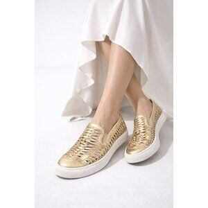 Tory Burch Gold Metallic Woven Leather Slip On Sneakers Loafers Women 9.5